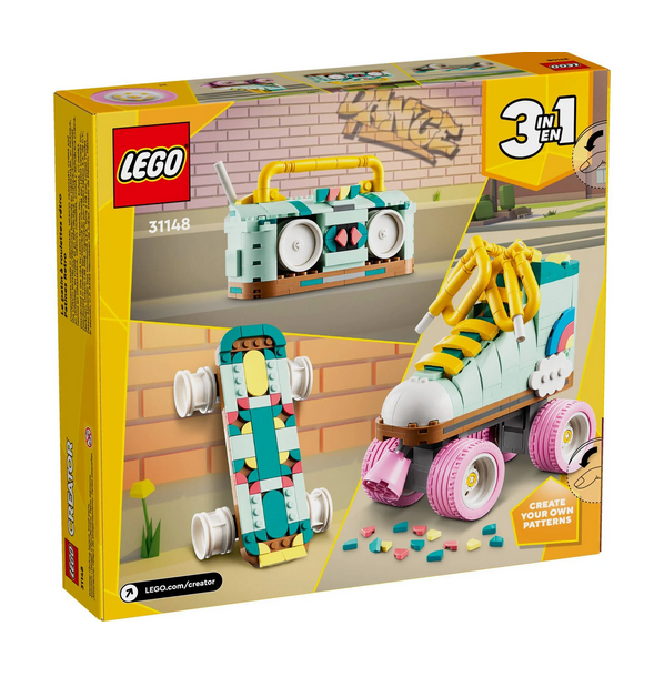 Back view of the LEGO 3 in 1 Creator Retro Roller Skate set showing all three models that can be built. 