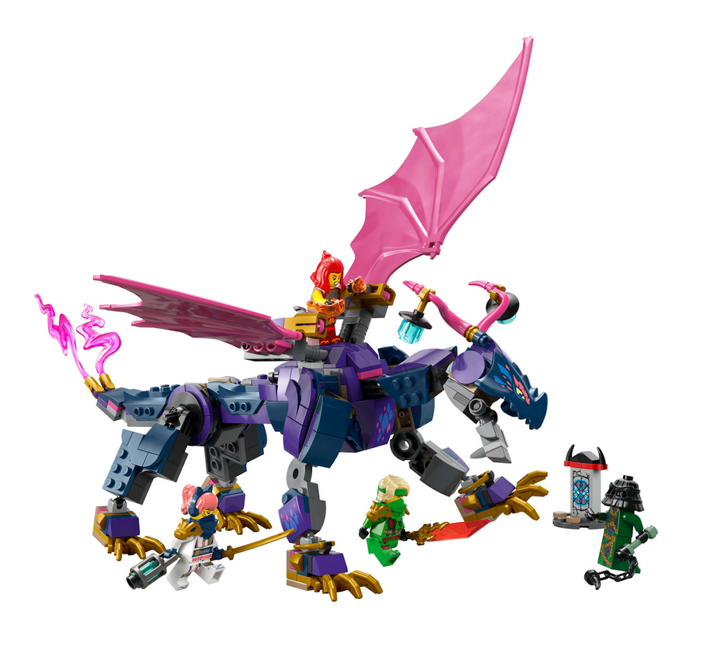 LEGO Ninjago purple toy dragon with pink wings and ninja warriors Lloyd, Sora and Wyldfyre, each with their ninja weapons, plus Master of Misfortune, Zarkt, miniigures battling the dragon. 