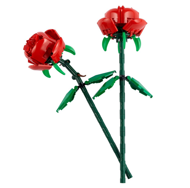 Close up view of the completed long stem roses built with bricks in the set.