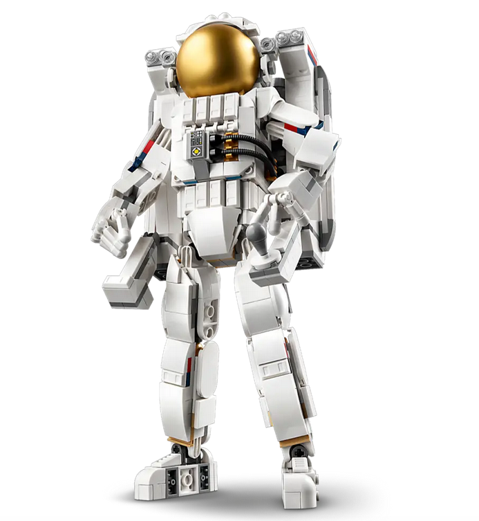 The posable space astronaut facing forward with the gold helmet face shield in place. 