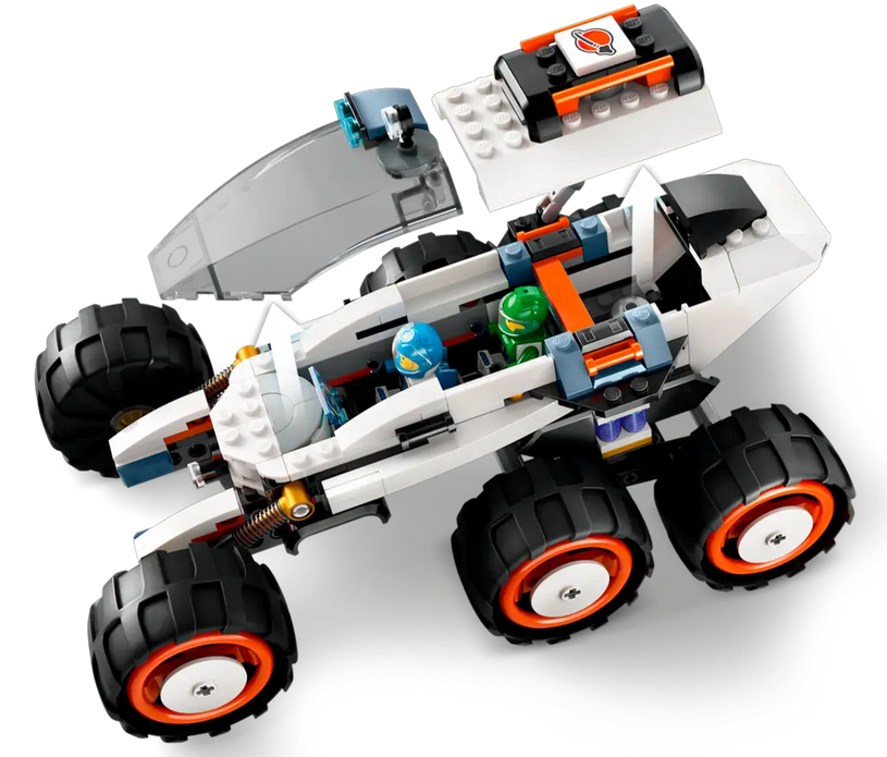 Top view of the space exploration vehicle is equipped with 6 big tires and and two minifigures in the vehicle. 