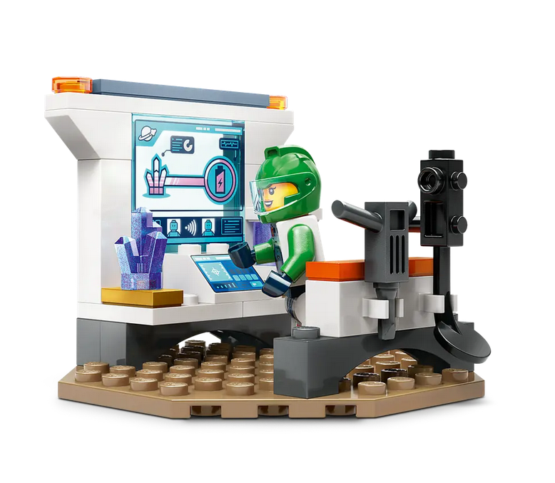 Close up view of the laboratory from the the LEGO® City Spaceship and Asteroid Discovery playset with a minifigure conduction lab tests. 