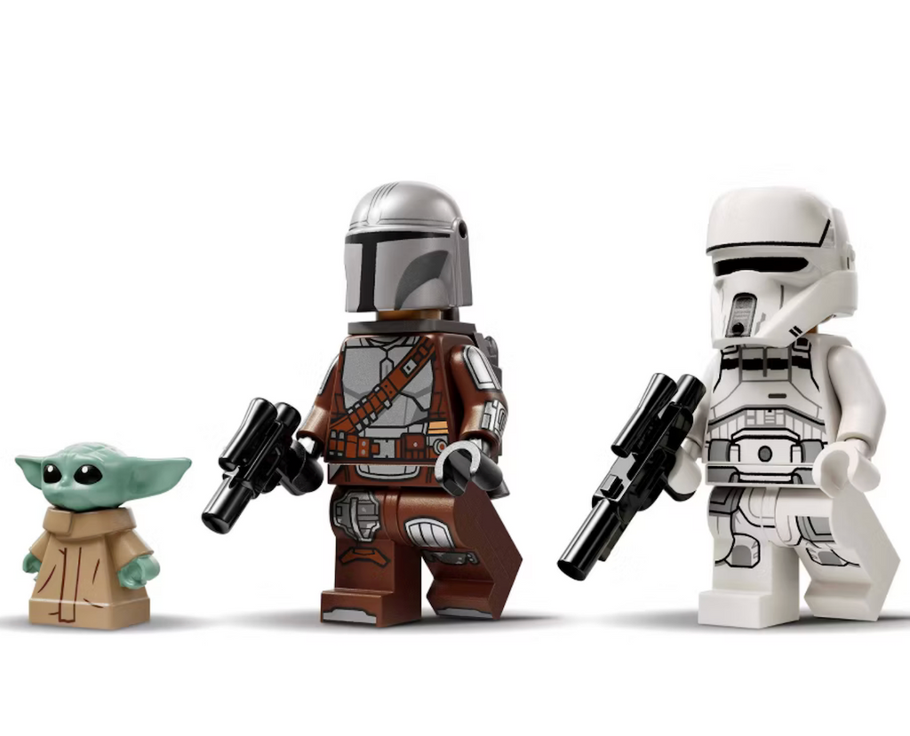 Mandalorian, Grogru and Stormtrooper mini figures from the AT-RT Attack LEGO Star Wars set. 