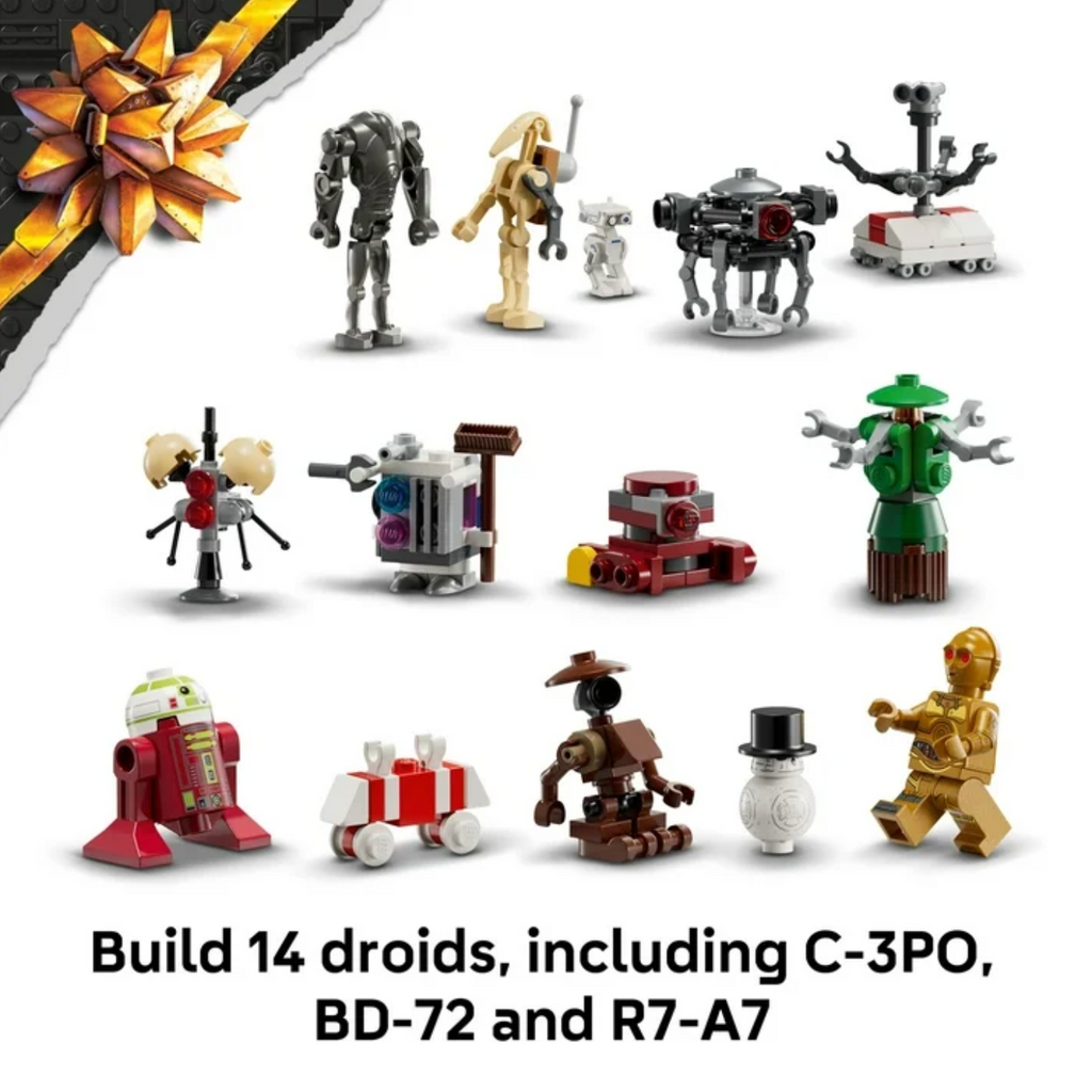 Droid figures from Star Wars that will be built during the countdown to Christmas with the LEGO Star Wars Advent Calendar. 