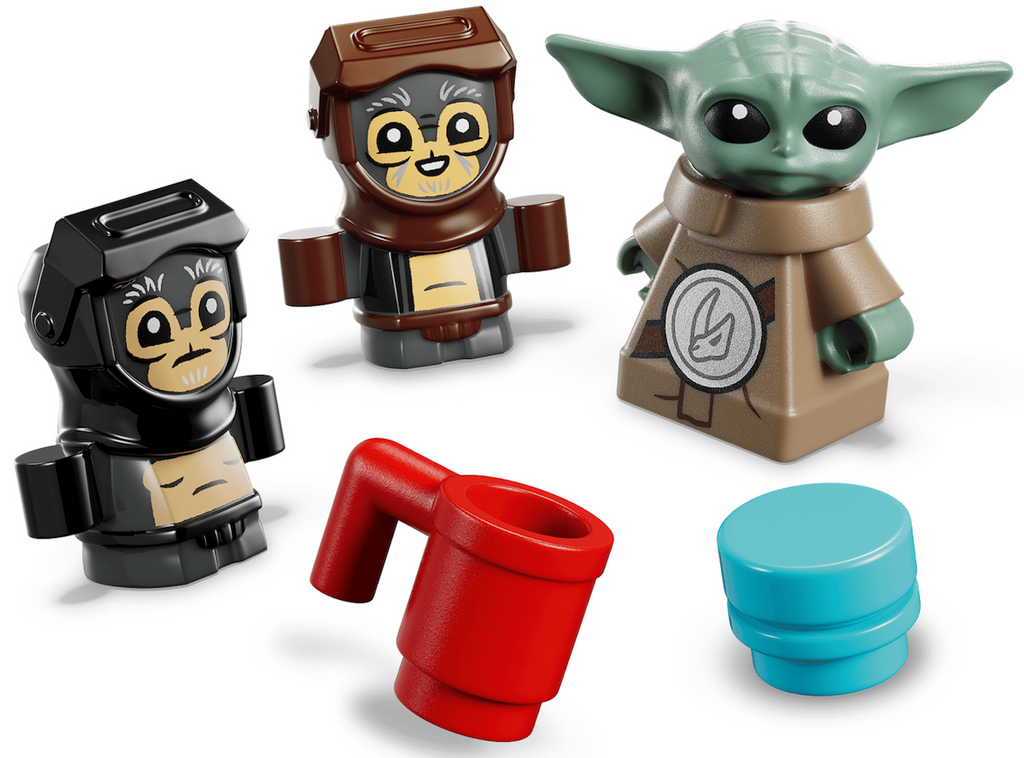 Grogu LEGO figure and 2 cute Anzellans with red cup and blue cookie accessories. 