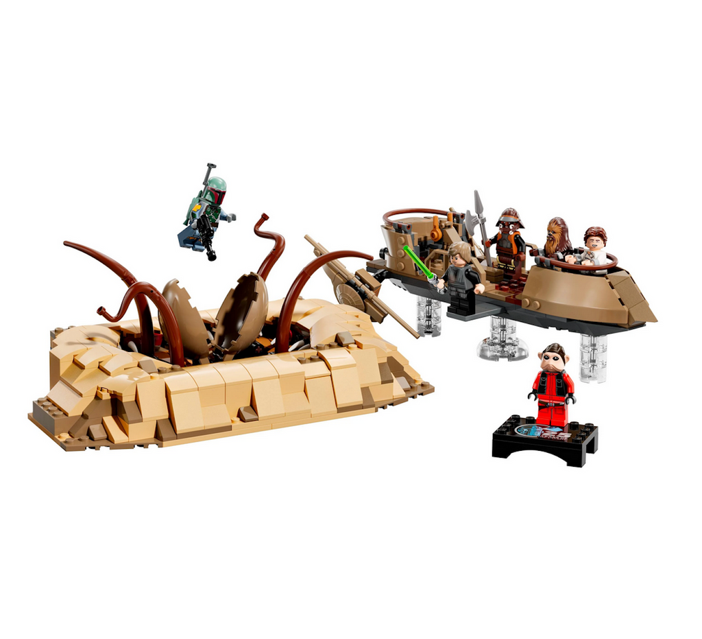 LEGO Star Wars Desert Skiff and Scarlacc Pit playset put together with the minifigures in the desert skiff headed towards the Scarlacc pit. 