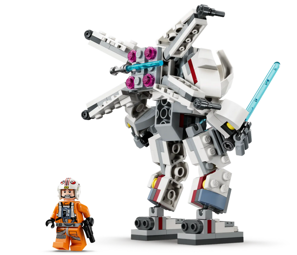 LEGO Star Wars Luke Skywalker minifigure and the back of the X Wing Mech suit. 