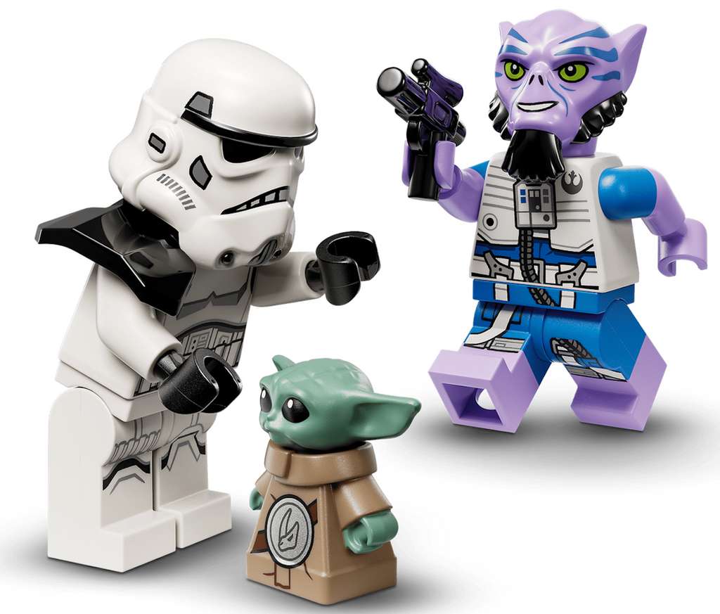 Close up of  Zeb Orrelios and Imperial Remnant Stormtrooper LEGO minifigures and Grogu LEGO figure. 