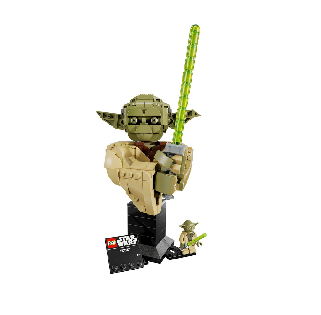 Close up picture of the brick built LEGO Yoda bust that is holding his lightsaber.