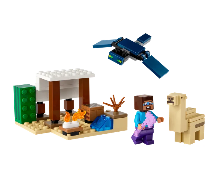 A Minecraft house, the flying Phantom, Steve and a diamond sword, a crafting table, campfire anda baby camel. 