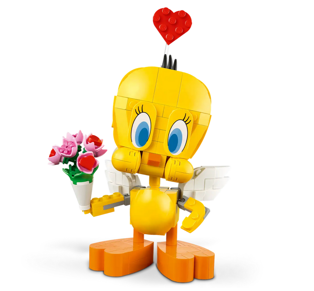 LEGO Tweety Bird holding a bouquet of flowers with a red heart above his head. 
