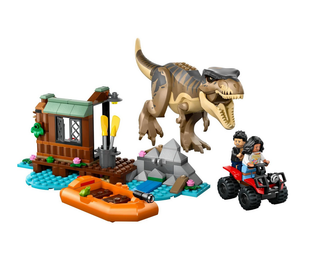  The LEGO T Rex River Escape play set with a molded T. Rex toy with movable arms, legs, tail, head and jaw, plus 2 minifigures. There’s a shed that can be 'destroyed', a boat launcher, boat and ATV toy. 