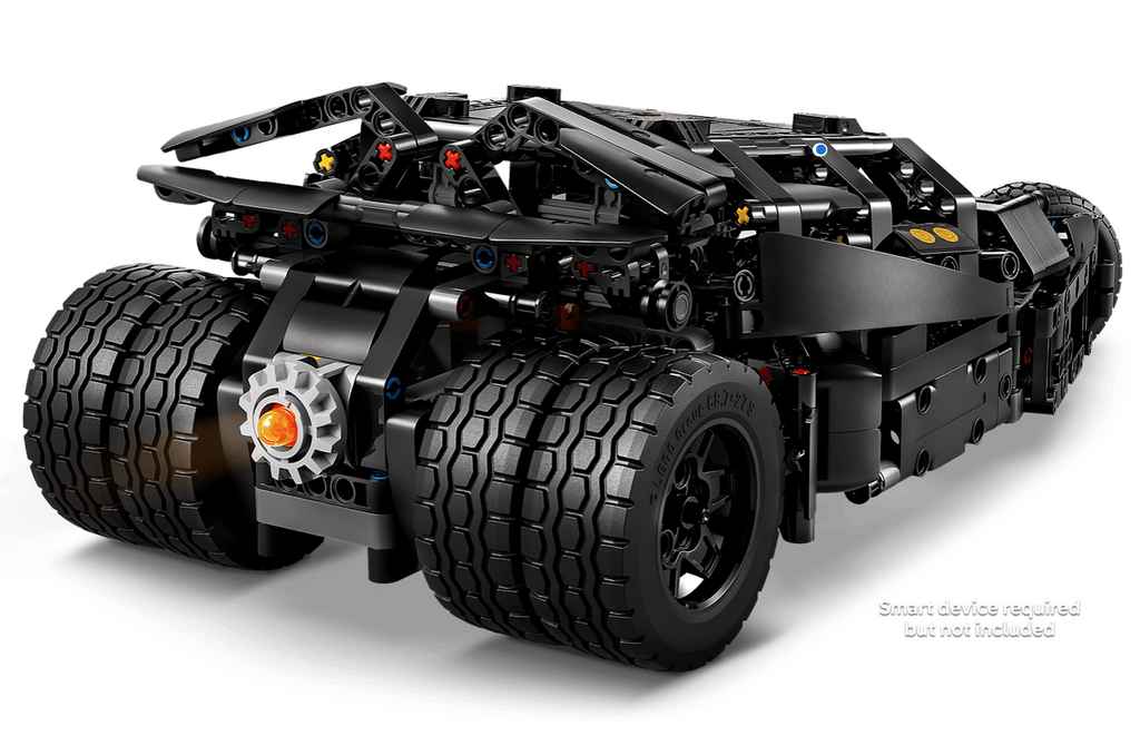 Close up view of the LEGO Batmobile Tumbler an RC vehicle that is built from LEGO bricks then controlled using the CONTROL+ app where kids can operate the steering, control the lights and recreate favorite scenes from the Batman stories. 