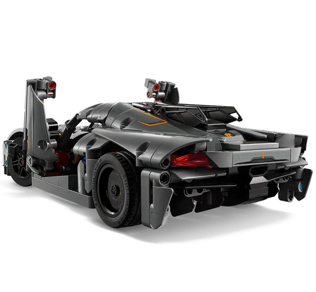 LEGO Technic Koenigseg Jesko Absolut car put together with the doors raised. 