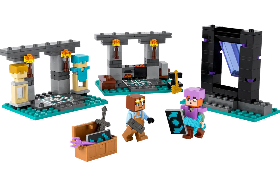 Minifigures of Alex, and Armorsmith along with the 3 environments, the work area, the armor display room, and the Nether portal, with its swinging-door. 