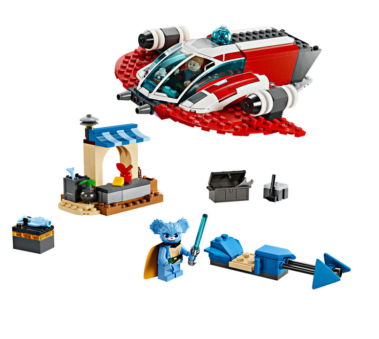 The Crimson Firehawk starship and speeder bike toys with a small marketplace build with a barbecue and food pieces. As well as included Nash Durango and Nubs with a lightsaber LEGO minifigures and an RJ-83 LEGO droid figure.