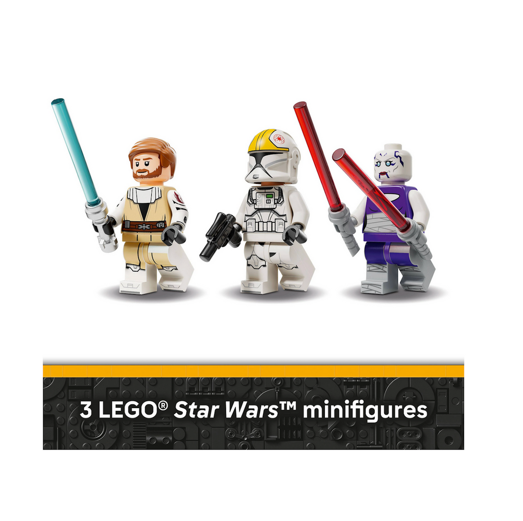 LEGO Star Wars minifigures, including Asajj Ventress with 2 red Lightsabers, General Obi-Wan Kenobi with a blue Lightsaber and a Clone Trooper. 