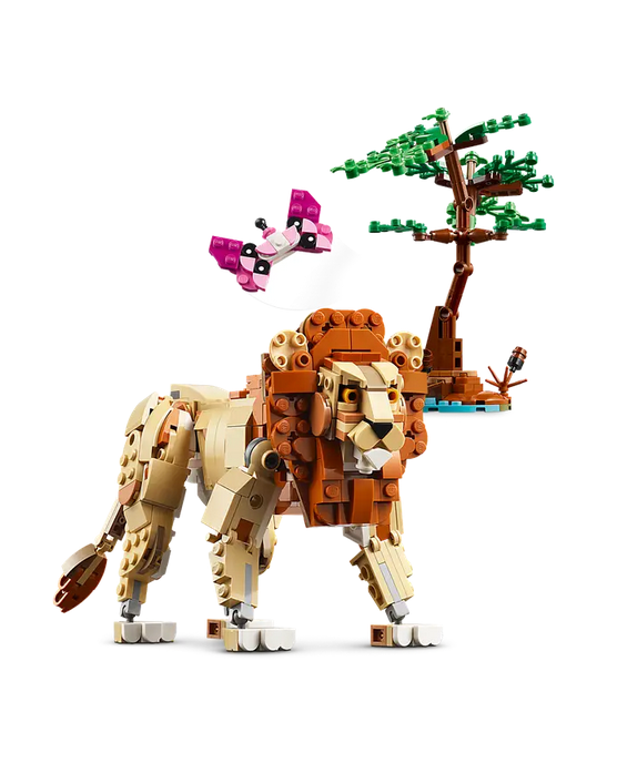 The lion toy with a brick built tree and a butterfly.