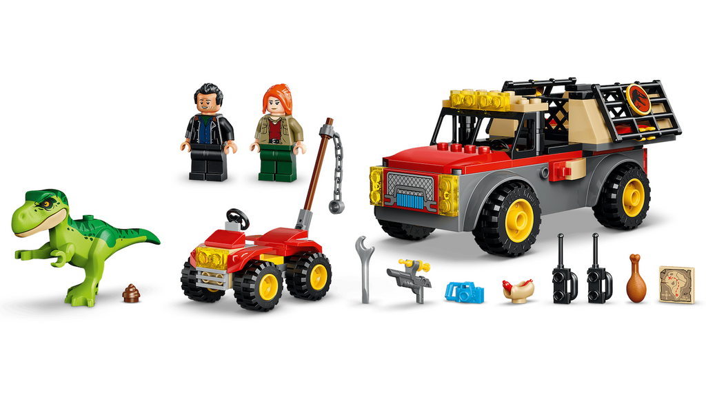 All of the accessories, minifigures and vehicles in the LEGO Young T. Rex Transport Truck including the walkie talkies, tools, hot dog and chicken leg. 