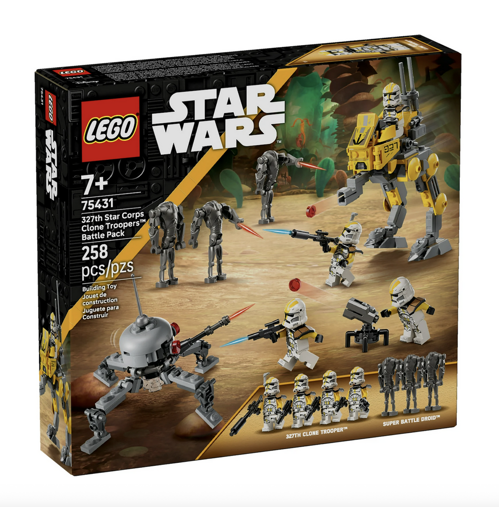 LEGO Star Wars 327th Star Corps Clone Troopers Battle Pack packaged in a black box with a picture of the Clone Troopers, the Super Battle Droids, the AT-RT walker and the Spider Droid engaged in battle. 
