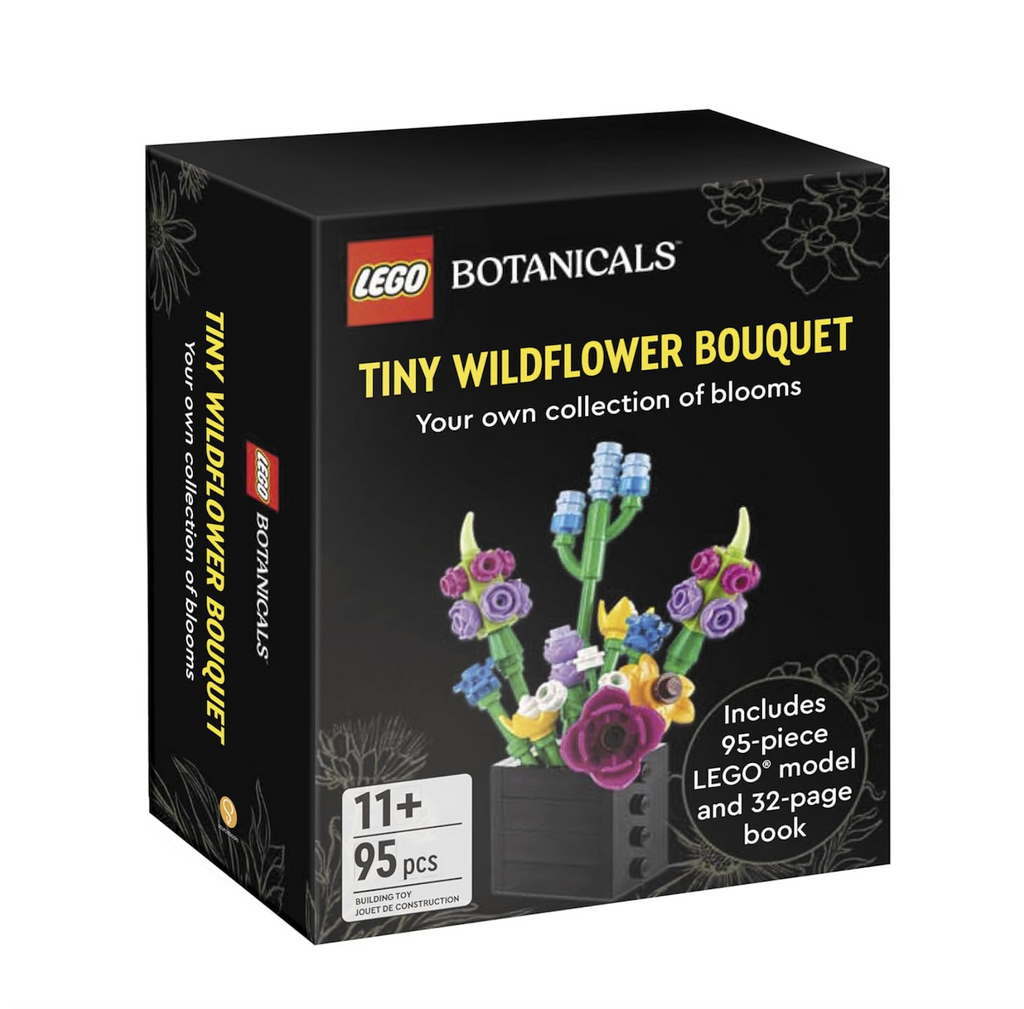 Tiny, square, black box with a color picture of the tiny wildflowers built from this set from LEGO Botanicals, 