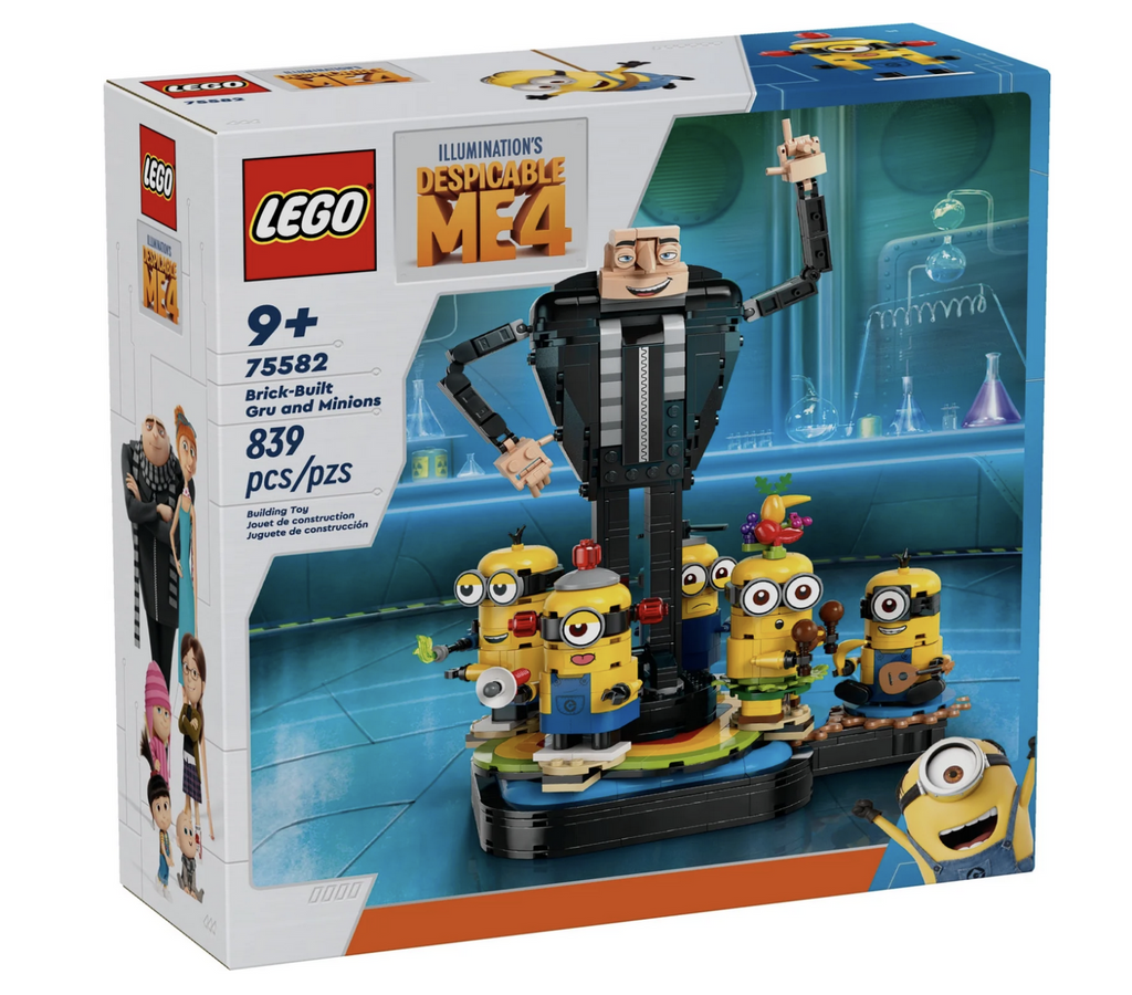 Gru and Minions figures pictured on a LEGO box.