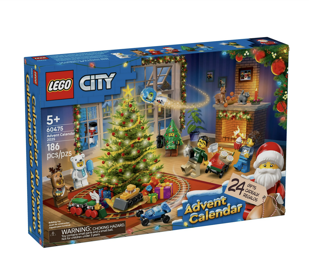 Front of the LEGO City Advent Calendar box featuring a cozy holiday scene with minifigures wearing costumes like a Christmas tree, polar bear and reindeer in a room with a Christmas Tree that has a train circling it and lots of gifts, a  roaring fire and other festive touches. 