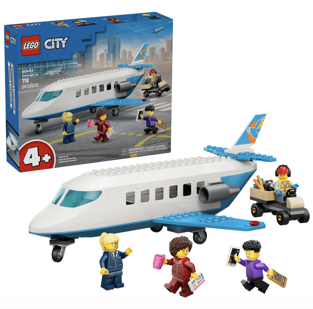 LEGO City Passenger Airplane building set featuring the completed jet and the included minifigures that portray a pilot, passengers and cargo worker, all positioned in front of the iconic blue LEGO City box. 