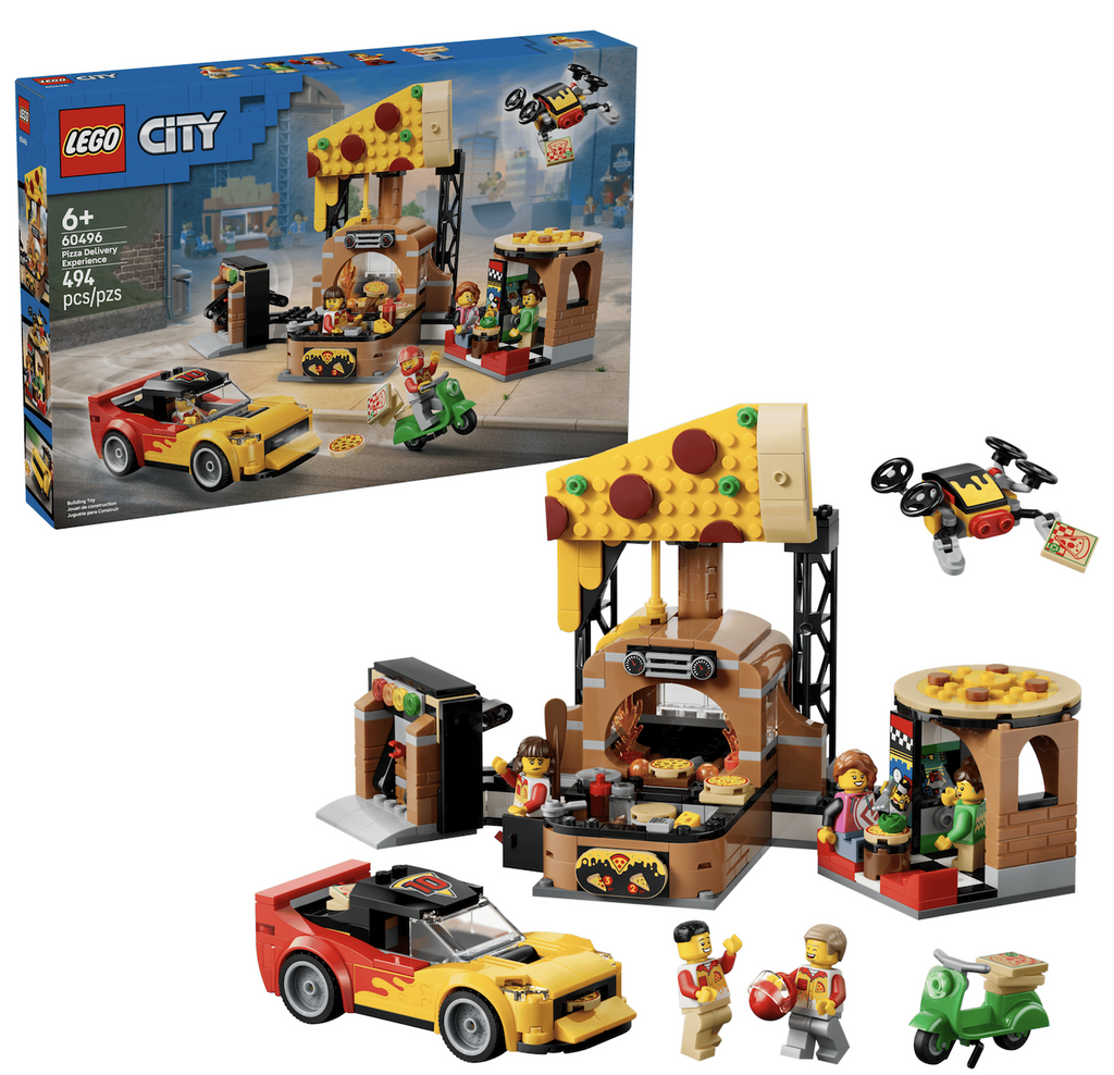 LEGO City Pizza Delivery Experience set with the delivery vehicles, drivers,  pizza restaurant, and wood-fired oven. The LEGO box is featured in the background. 