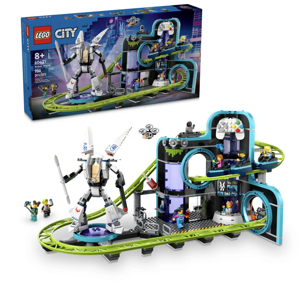 The LEGO City Robot World Roller Coaster play set put together with all the minifigures and other accessories that are included in the set. 