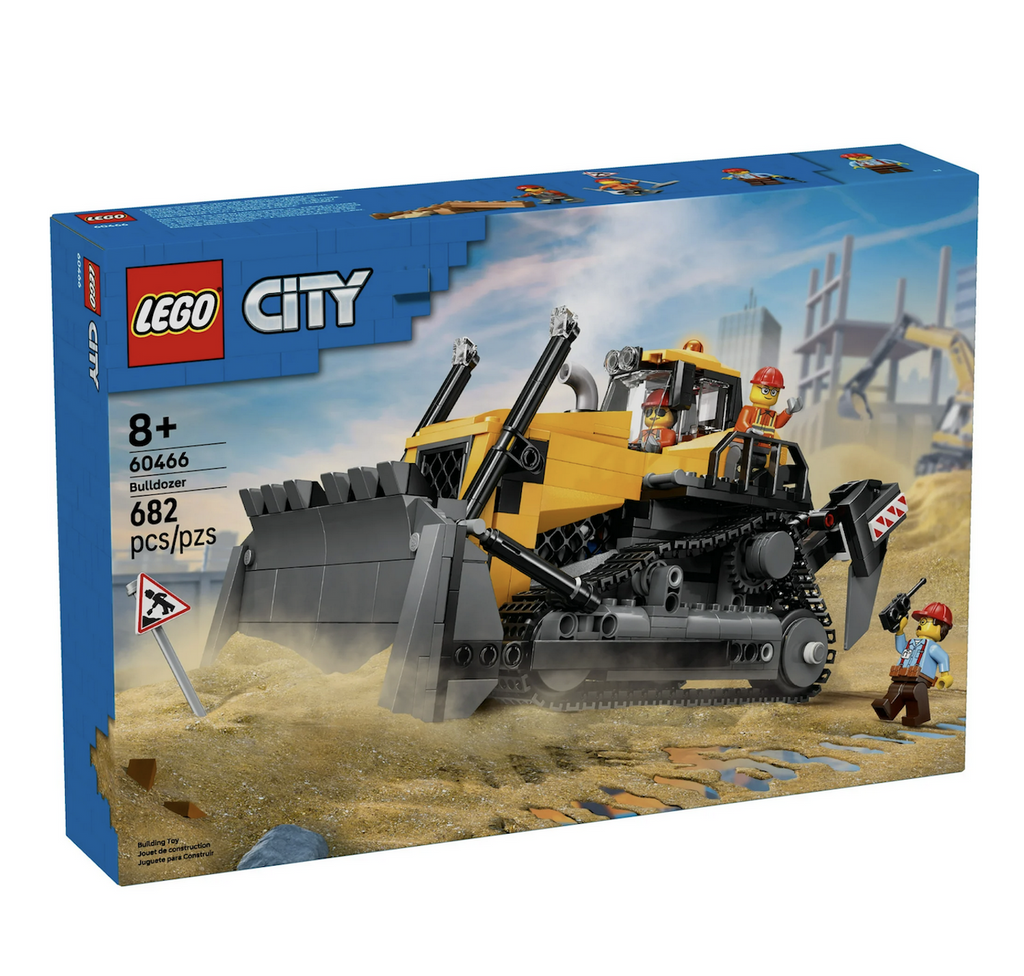 LEGO City Bulldozer packaged in a blue box with the bulldozer model pictured on a construction site pushing sand and three minifigures hard at work. 