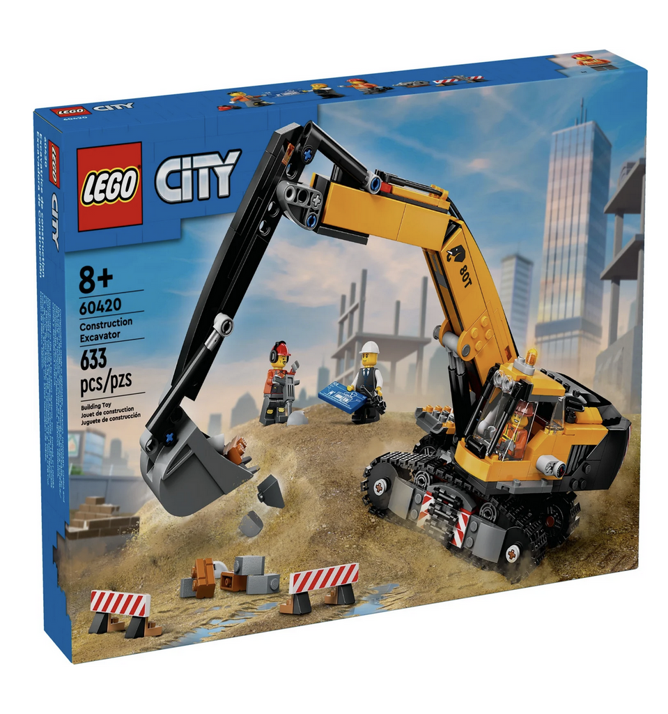 Construction Excavator LEGO City set with a picture of the fully built excavator and minifigures on the front of the box. 