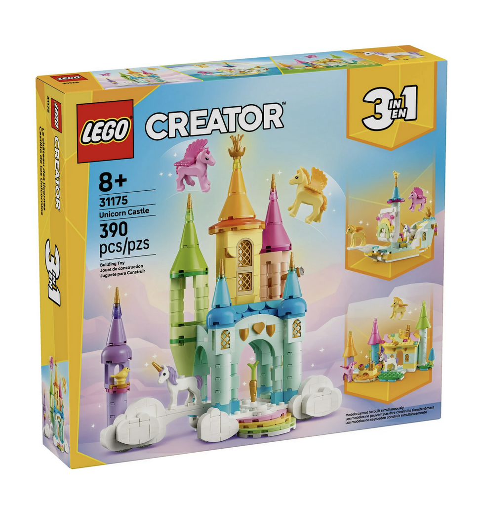 Yellow LEGO Creator box with the Unicorn Castle pictured. There are three unicorns flying around the pastel turrets of the castle. Also pictured on the side of the box are the other two builds that can be constructed using this set. 