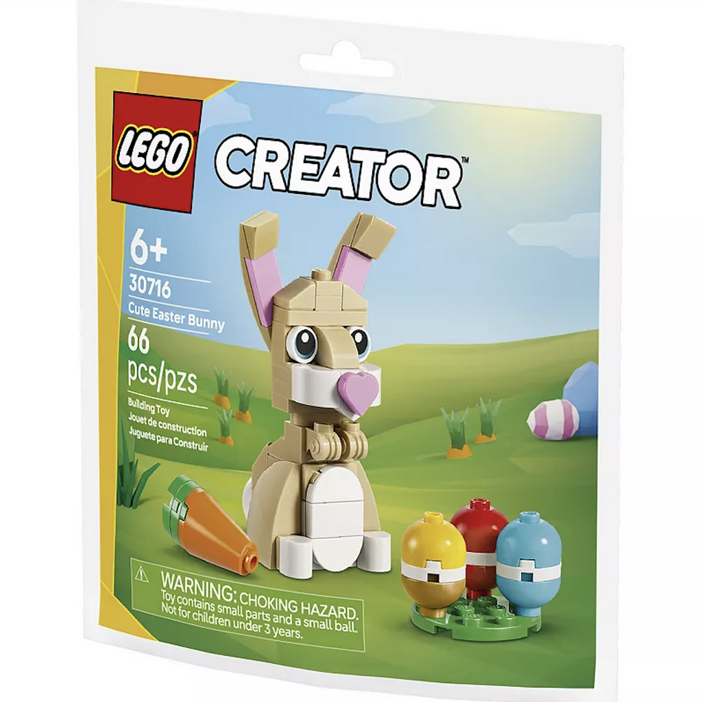 LEGO Creator Cute Eater Bunny packaged in a bag with a picture of the Easter Bunny figure with carrot and Easter eggs. 