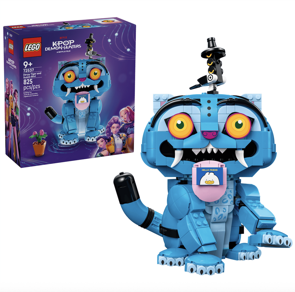 LEGO K-Pop Demon Hunters Derpy Tiger and Sussie Bird building set packaged in a purple box. Derpy the Tiger is posed with a sweet love note on his tongue and the bird perched on his head in the foreground. 
