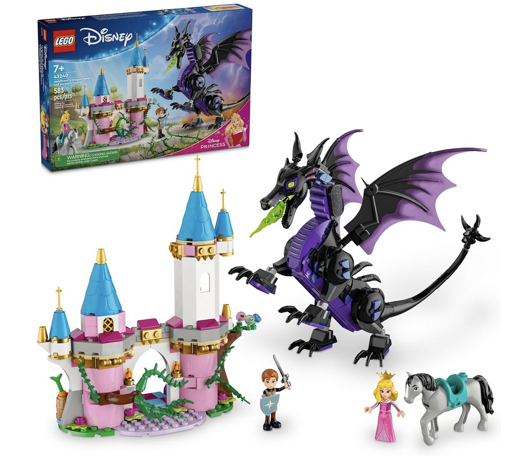 The Maleficent's Dragon Form LEGO Disney set with the box in the background.