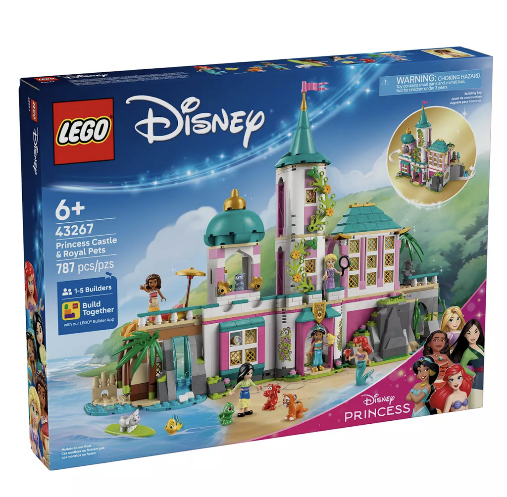 The LEGO Disney Princess Castle  and Royal Pets product box with a picture of the built castle with the minifigure Disney princesses and their animals positioned throughout the castle. 