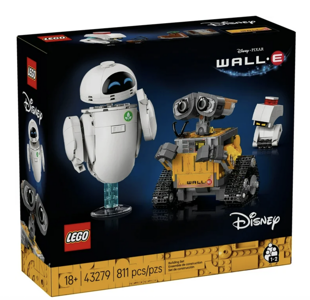 Cover of the box for LEGO Disney Wall-E and Eve building set with a picture of Eve, Wall-e and M-O. 