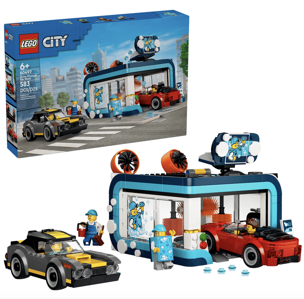LEGO City Drive Through Car Wash. A building play set featuring toy cars and minifigures working at a toy car wash with spinning brushes and drying fans a the exit. 