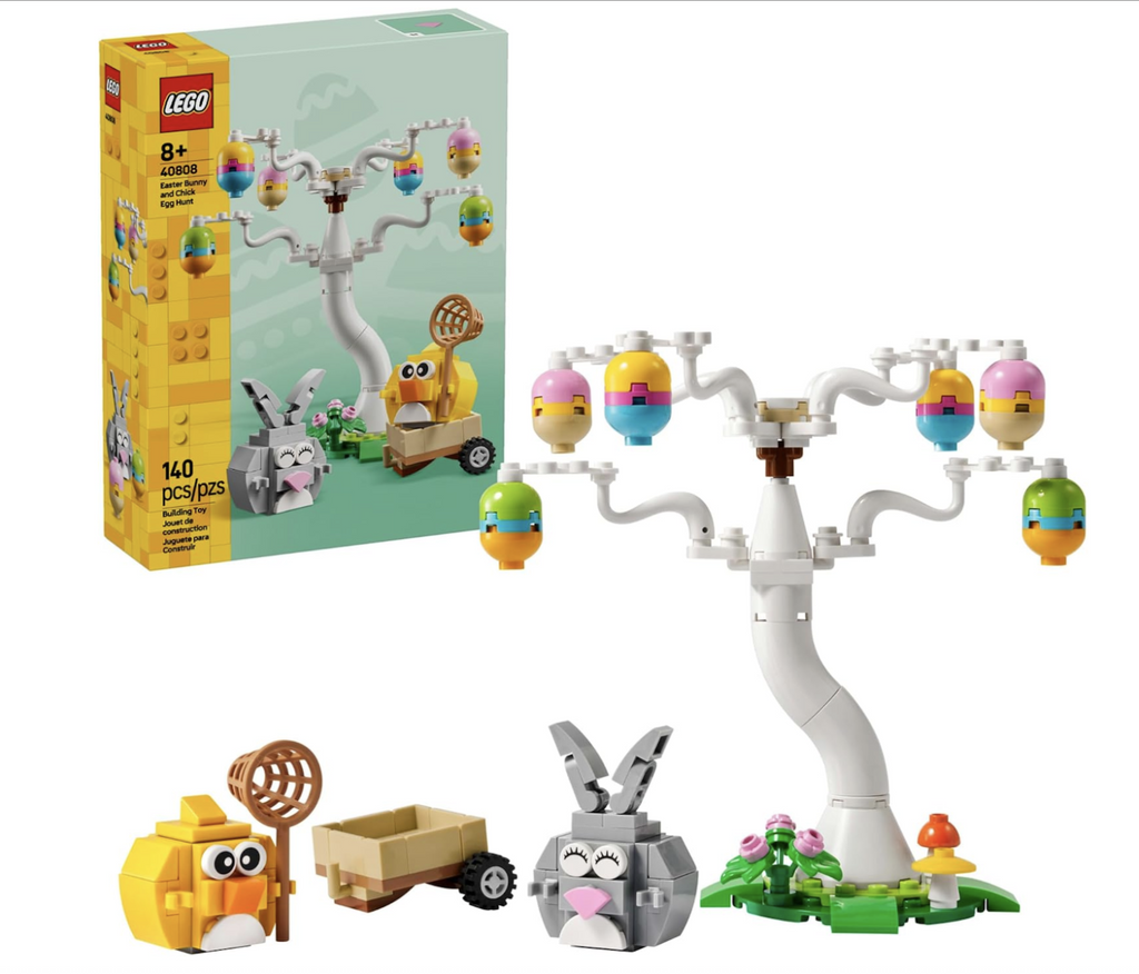 LEGO Easter Bunny and Chick Egg Hunt building set in a box featuring pictures of a tree with Easter eggs hanging from it and the bunny and chick figures. Each of the items are built and set in front of the box. 