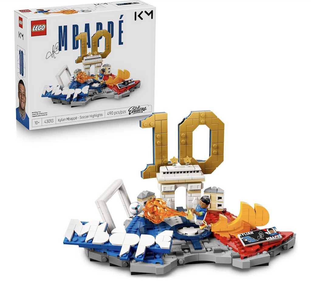LEGO Editions collectible building set with a base that forms Kylian Mbappé’s initial and features the colors of his national team, France, and a large 10, his jersey number. This Mbappé model includes a collectible plaque displaying his signature and player stats and a Mbappé LEGO minifigure in a scoring pose.