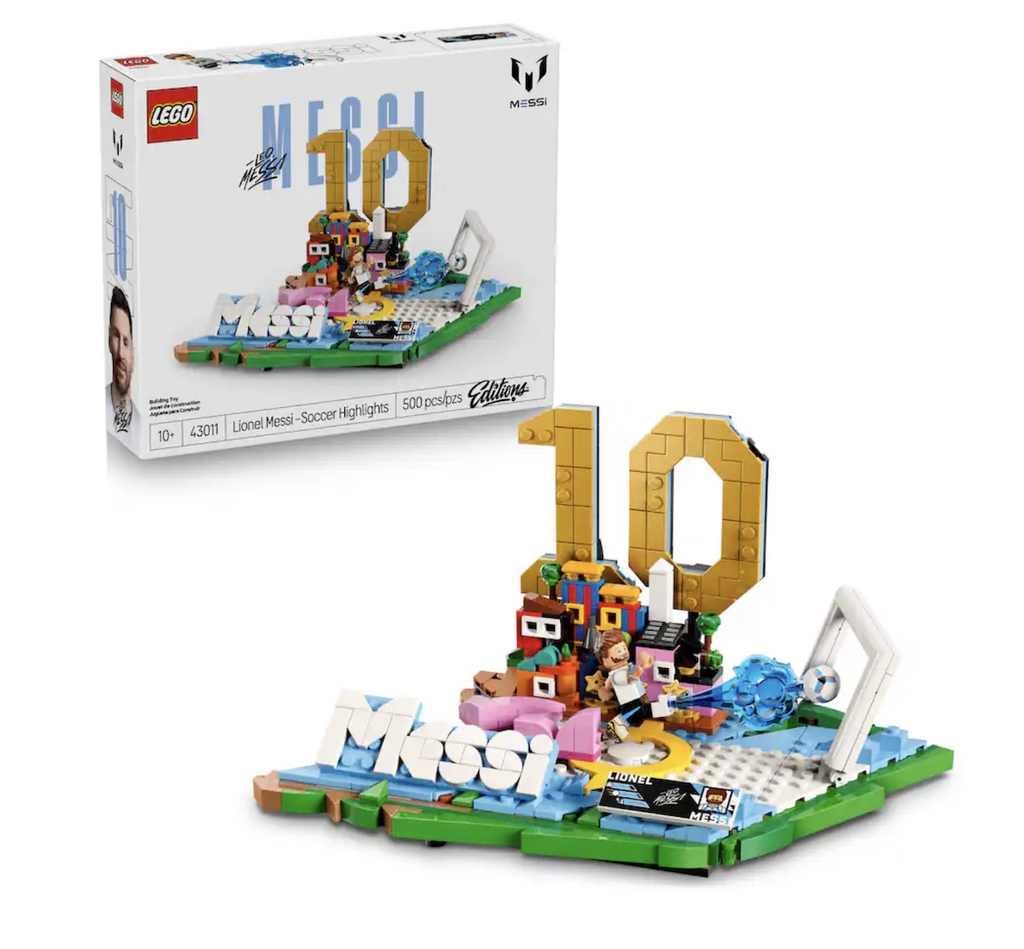 LEGO Editions model that celebrates Lionel Messi. With a base that forms his name and features the colors of Argentina, his national team, and a large 10, which is one of his iconic jersey numbers. A Lionel Messi minifigure brings the set to life and there’s also a collectible plaque displaying his player stats and name. 