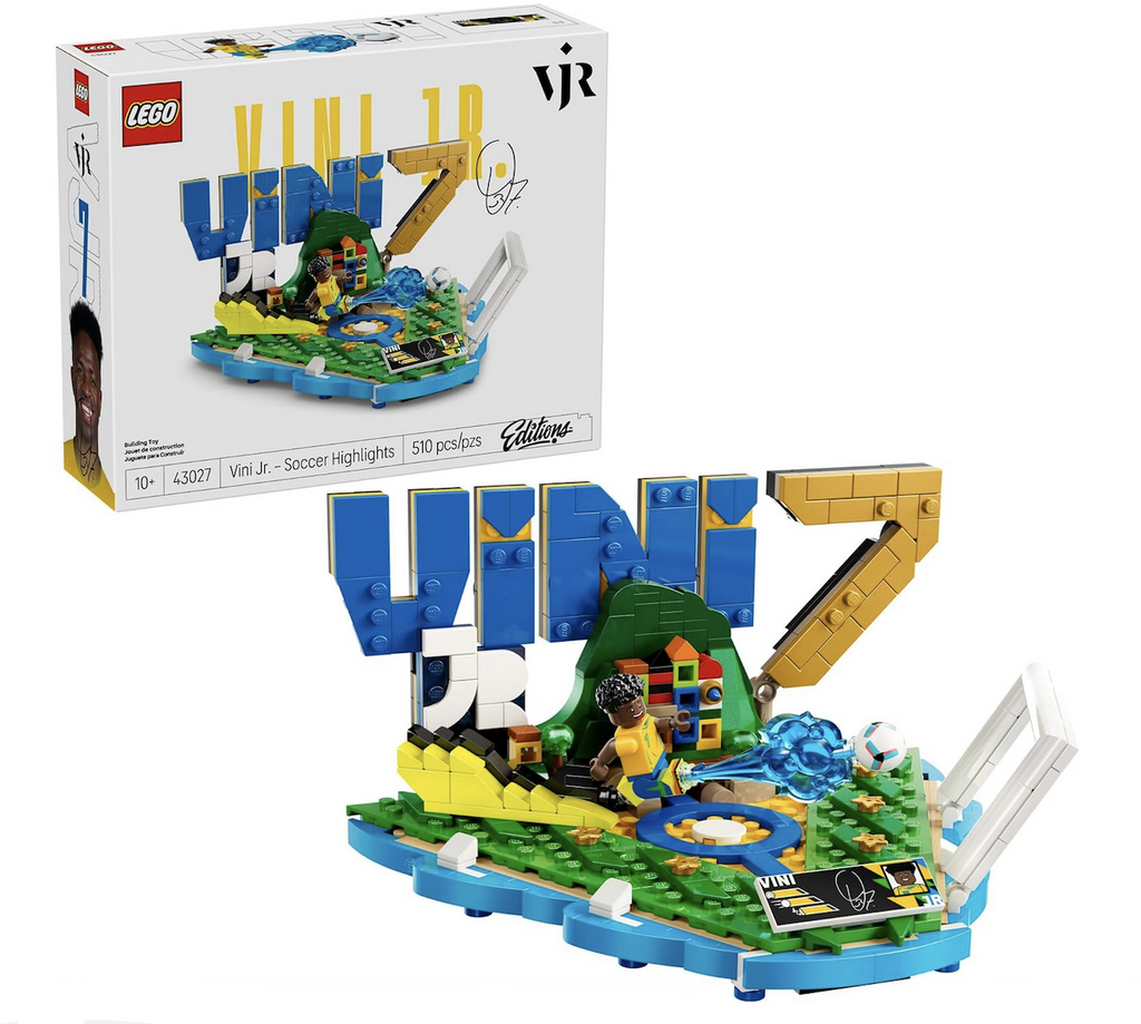 LEGO Editions model with a base that forms Vinicius’ initials and features colors of his national team, Brazil, and a large 7, his jersey number. It also includes a collectible plaque displaying his player stats and signature, plus a Vini Jr. minifigure that brings the set to life.