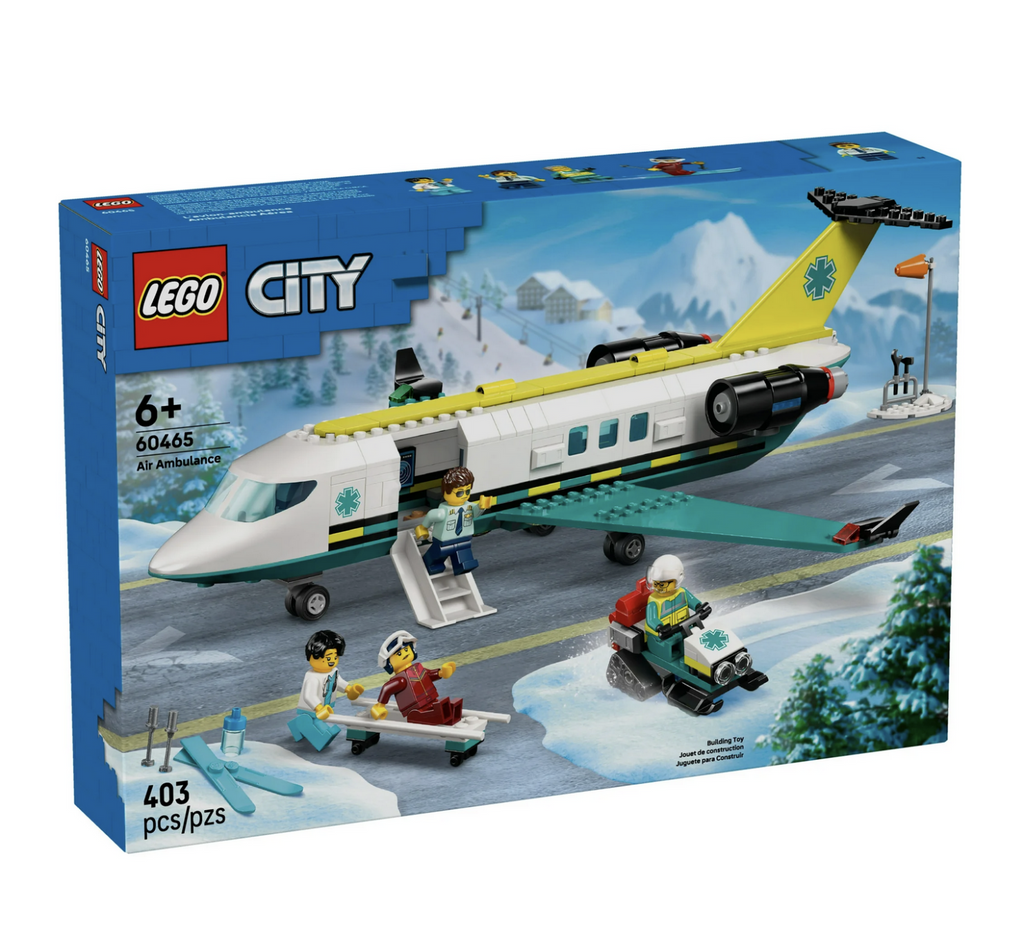 The LEGO Air Ambulance Airplane box with a picture of the constructed airplane with the minifigure pilot coming down the stairs of the aircraft, a minifigure patient, medics one pushing a gurney and another driving a snow mobile. 