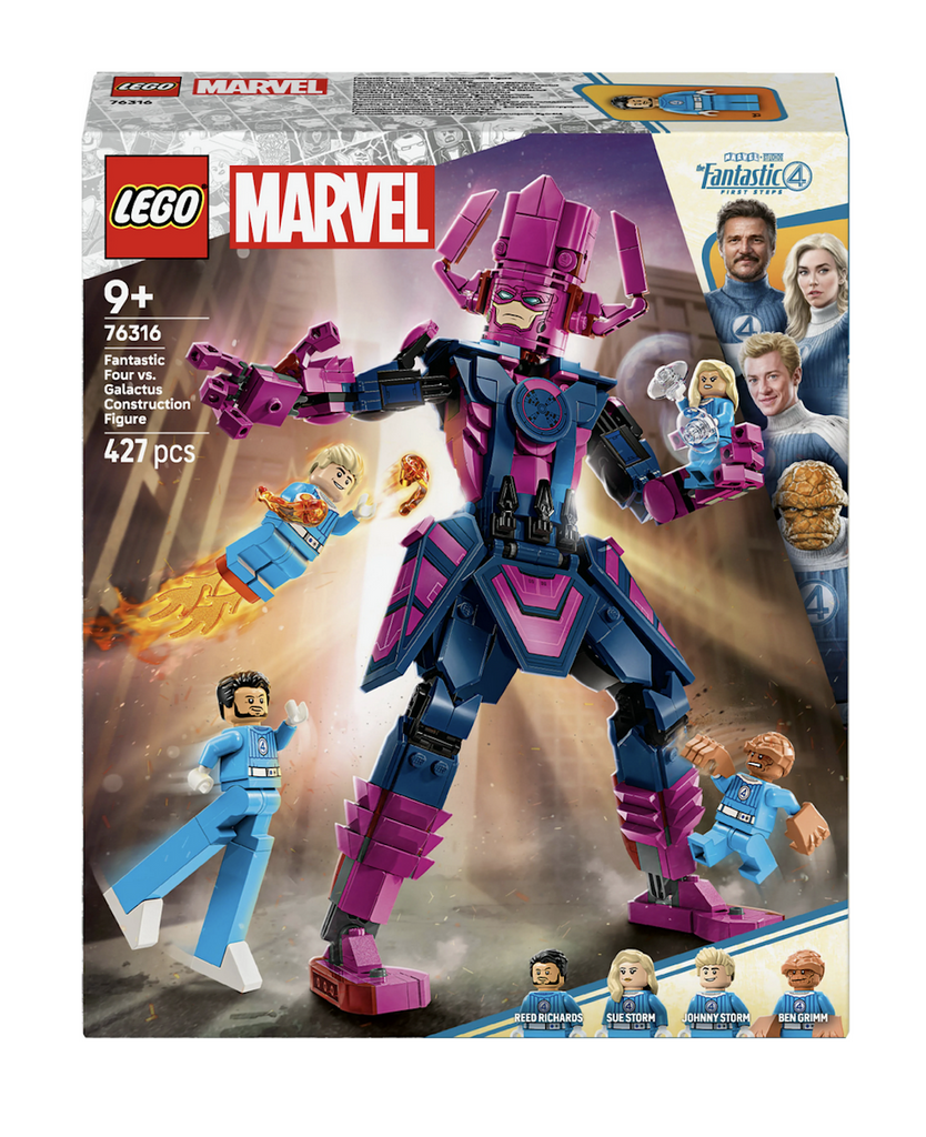 The LEGO Marvel Fantastic Four v. Galactus Construction Figure set packaged in a box with pictures of the Galactus figure in motion battling the Fantastic Four minifugures with a picture of the characters from the movie on the corner of the box. 
