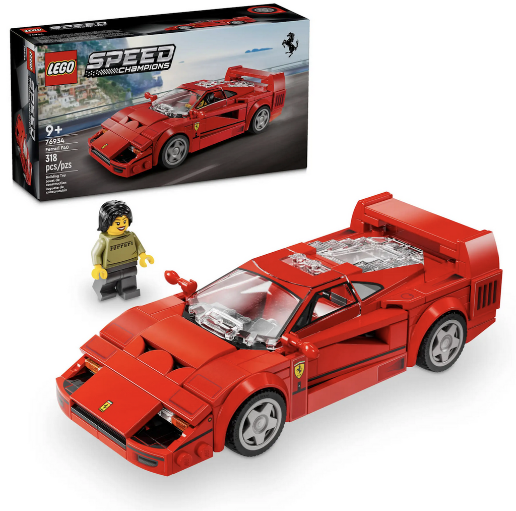 LEGO Speed Champions Ferrari F40 Supercar toy car fully assembled with the included minifigure in front of the LEGO box. 