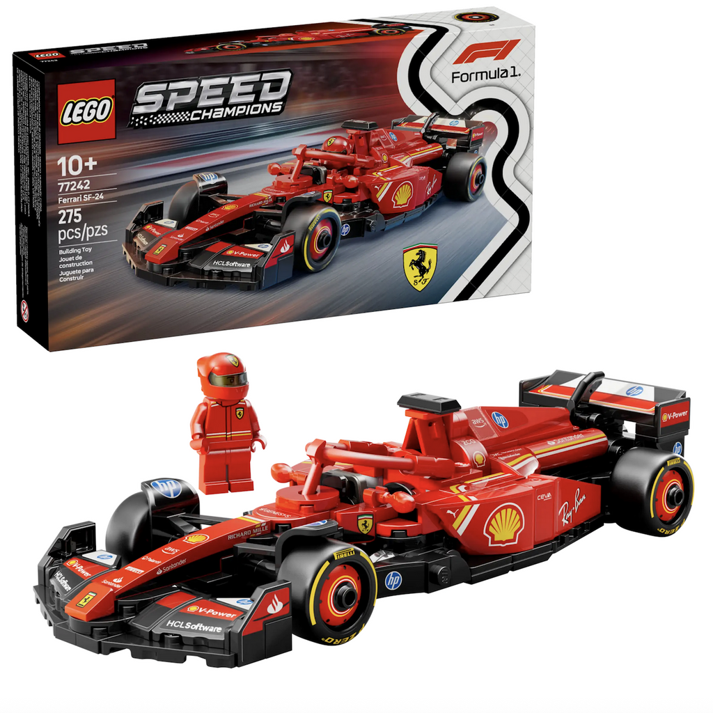 The LEGO Ferrari SF-24 Formula 1 racing car model with the minifigure driver standing beside the car. and the box it comes packaged in behind it. 