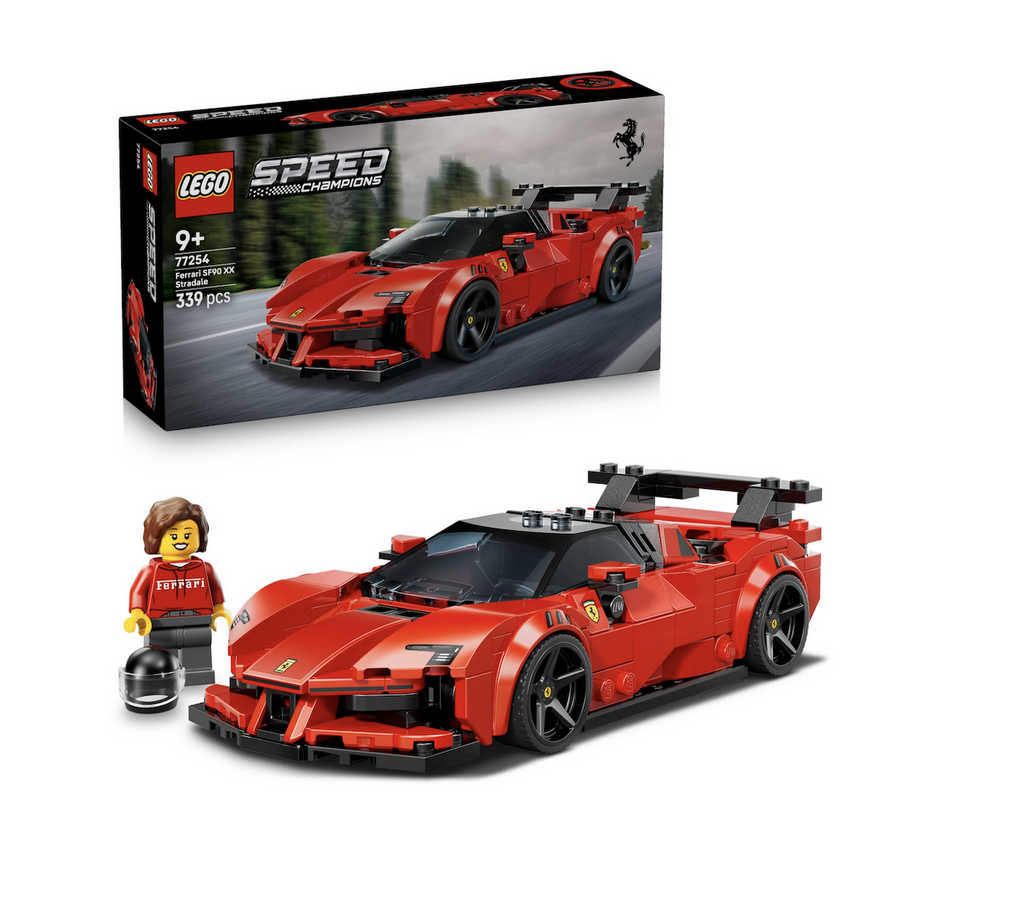 LEGO Speed Champions Ferrari SF90 XX Stradale Sports car model with a driver minifigure wearing a Ferrari outfit and helmet. 
