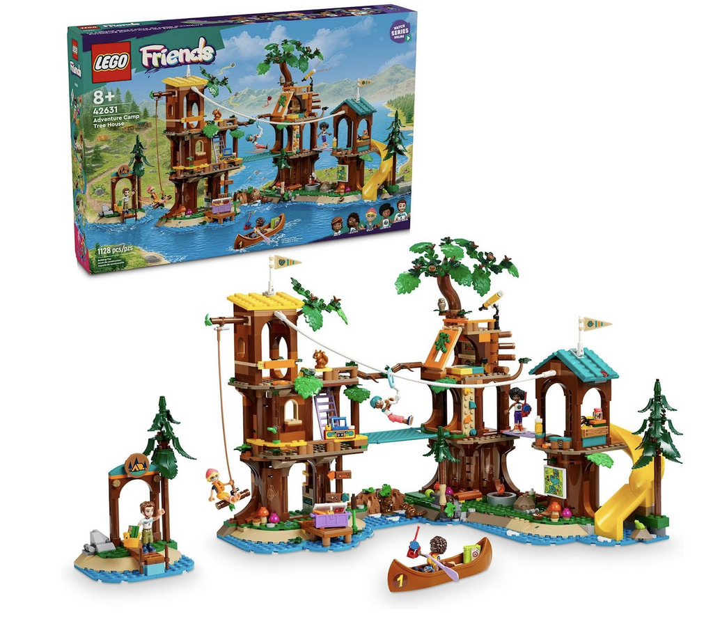 LEGO Friends Adventure Camp Tree House fully built with the minifigures kayaking, zip lining and swinging throughput the tree house. 