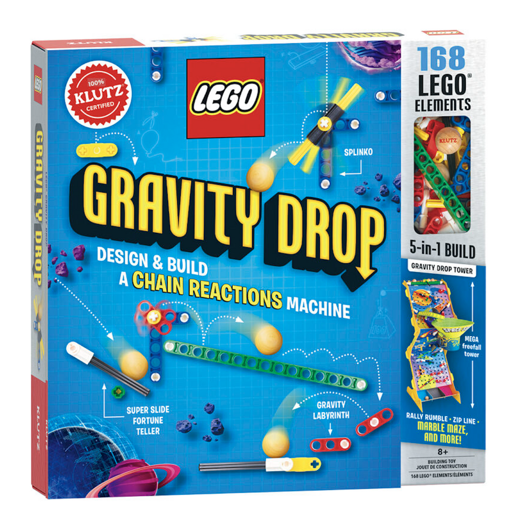 LEGO Gravity Drop kit box and guide with pictures of a marble maze configured using pieces from the kit. 